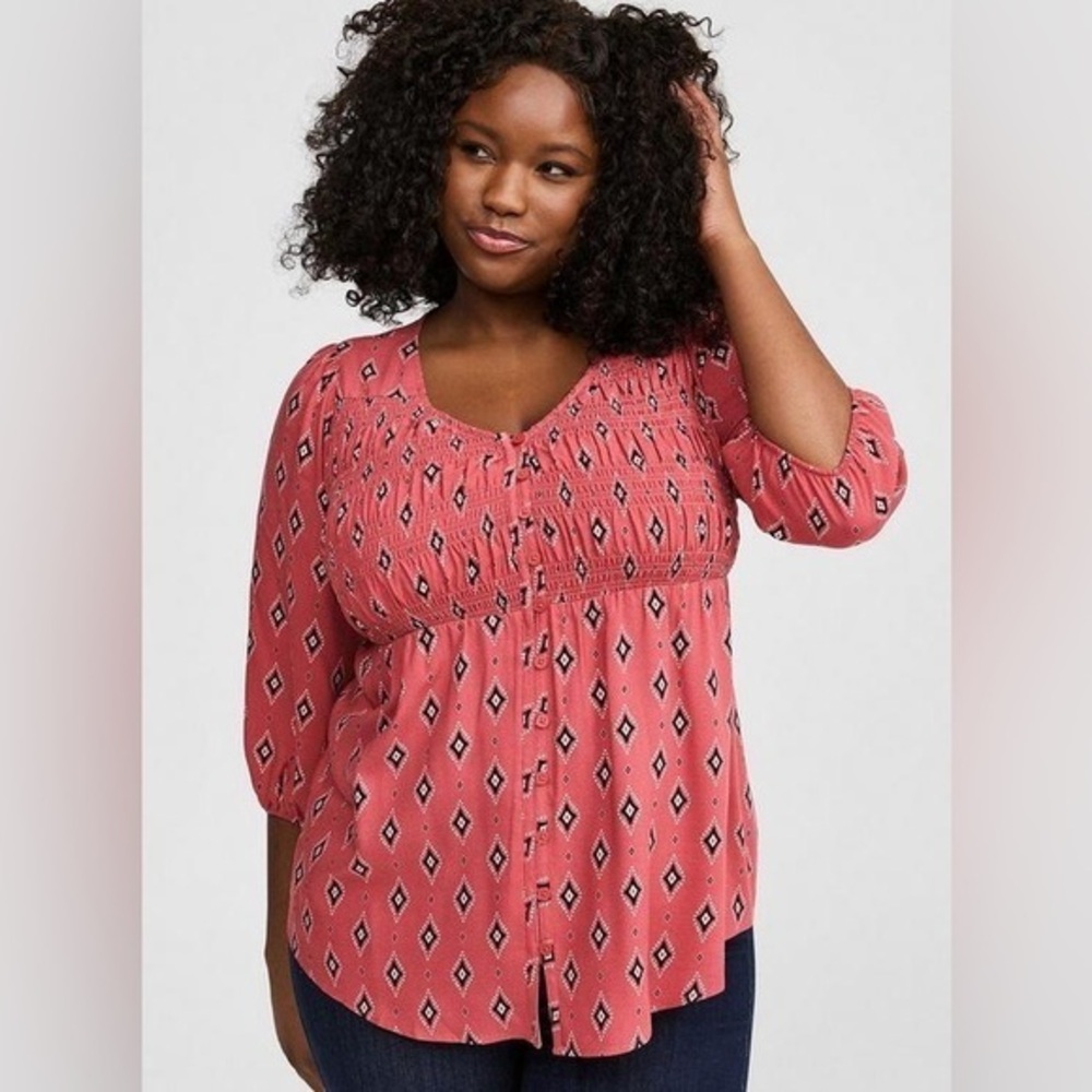 Torrid 0X Challis Smocked 3/4 sleeve babydoll top NWT